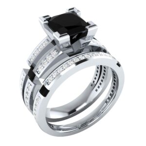 IDEALJEWEL95 2.60 ct Black Spinel & White Sapphire Sterling Silver Bridal Set Ring Sizable Engagement Ring/Wedding/Valentines