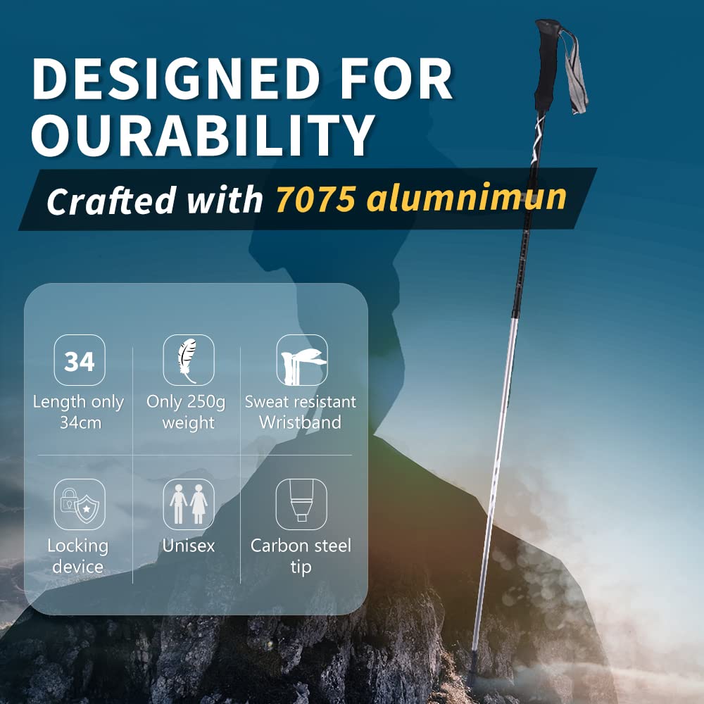 Collapsible Trekking Poles - 2-pc Pack Adjustable Hiking or Walking Sticks - Strong, Lightweight Aluminum 7075 - EVA Grip Handle for Climbing, Mountaining, Camping, Backpacking (BLACK-2PCS)