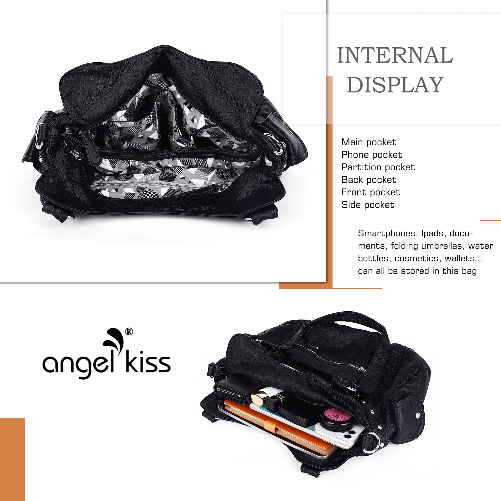 Angel Kiss Hobo Handbags for Women Soft PU Leather Shoulder Handbags Ladies Purses Black