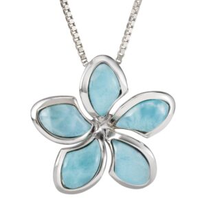 aloha jewelry company sterling silver natural larimar plumeria flower necklace pendant with 18" box chain, nickle free hypoallergenic for sensitive skin, gift box included (pointed petals, large)