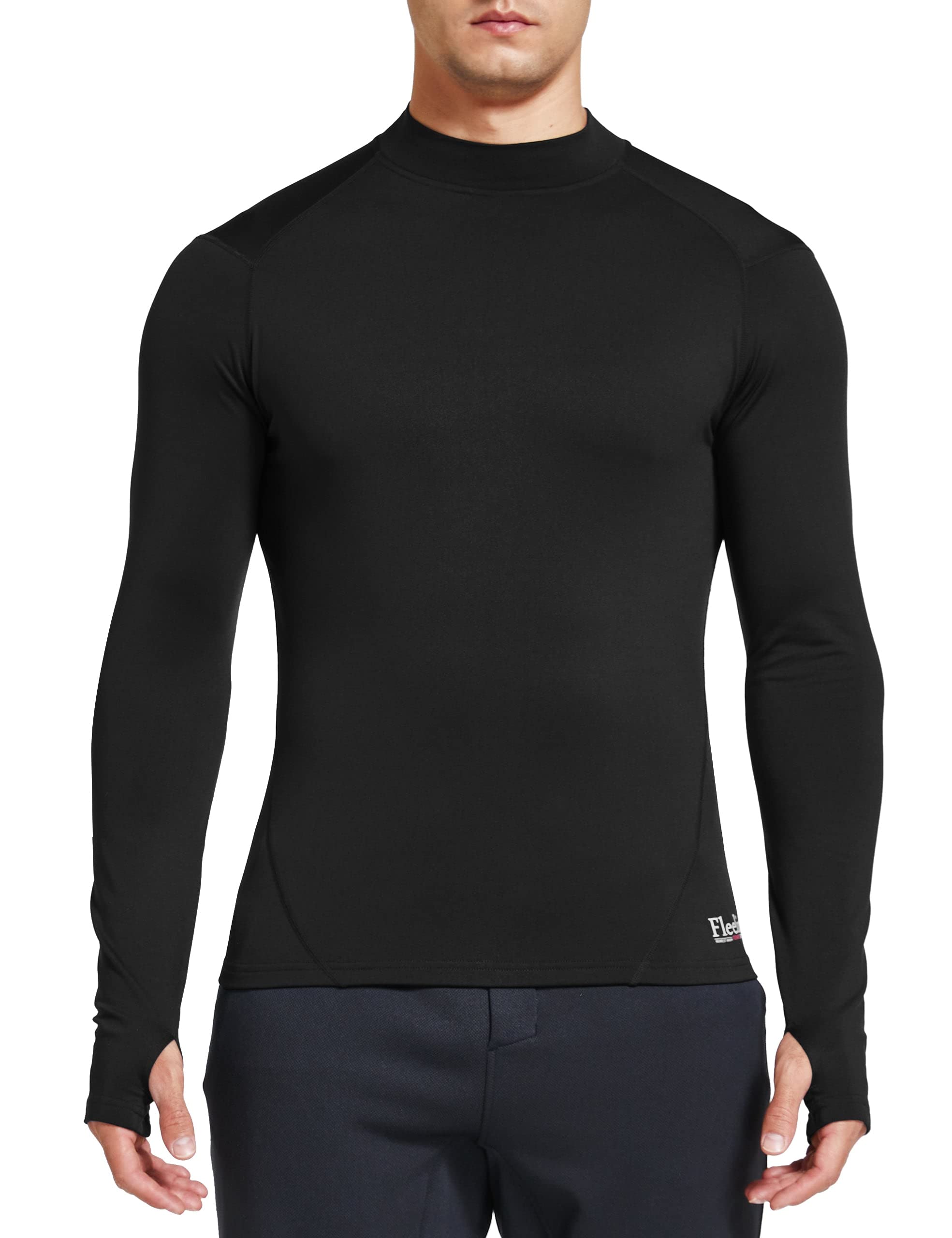 FitsT4 Sports Men's Thermal Fleece Lined Mock Neck Baselayer Tops Long Sleeve Running Athletic Shirt with Thumbholes Black L