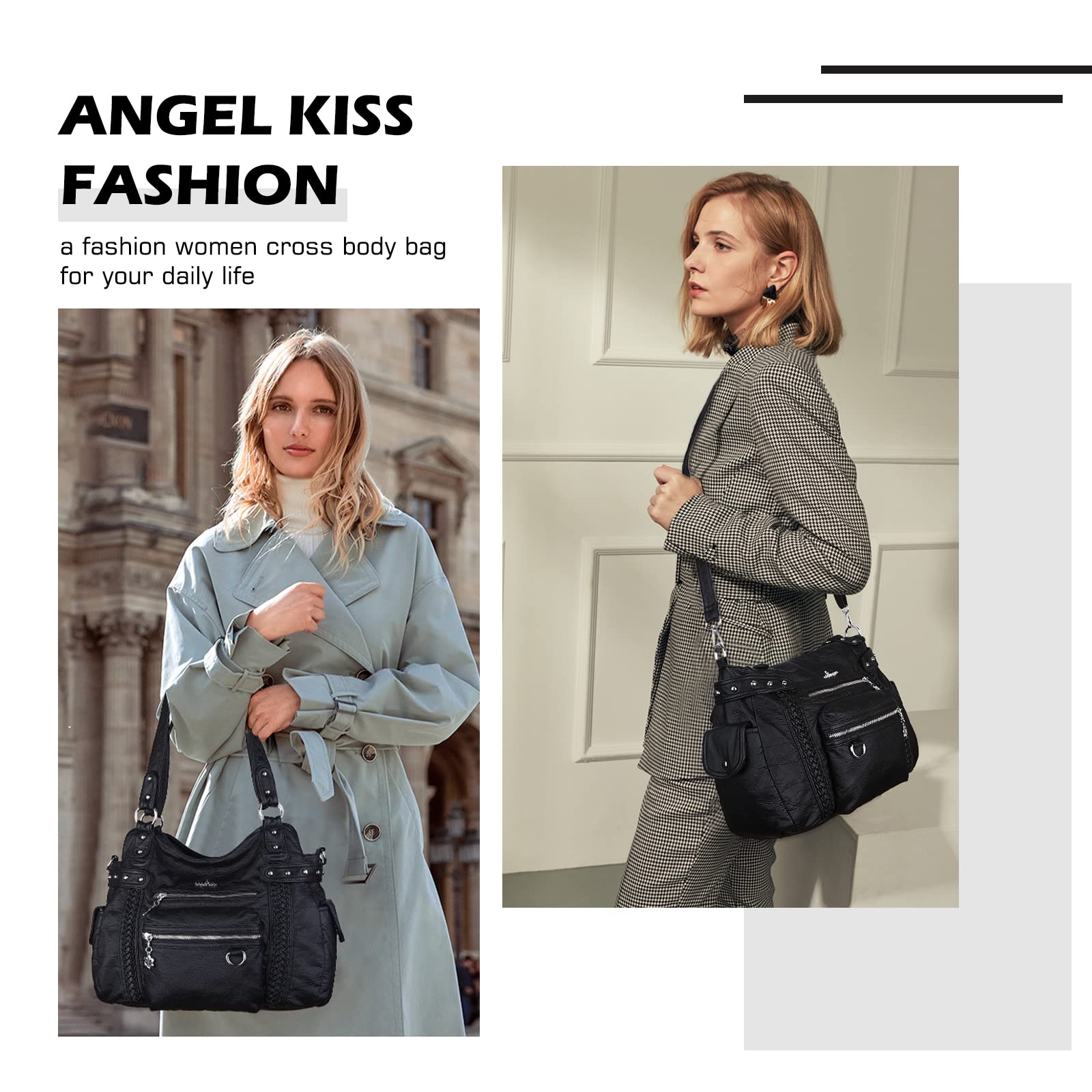 Angel Kiss Hobo Handbags for Women Soft PU Leather Shoulder Handbags Ladies Purses Black