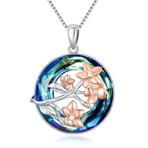 TOUPOP Cherry Blossom Necklace for Women March Birth Flower Necklaces 925 Sterling Silver Dainty Floral Pendant with Blue Circle Crystal March Birth Month Flower Jewelry Birthday Gifts