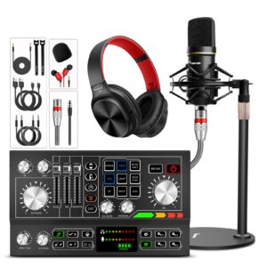 Podcast Equipment Bundle, Audio Interface DJ Mixer Podcast Microphone 48V Phantom Power Supply for Streaming Recording,Tiktok,Black