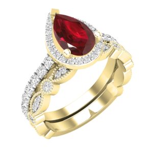 dazzlingrock collection 9x6 mm pear lab created ruby and 0.78 carat (ctw) round white diamond halo alternating marquise & circle wedding ring set for women in 10k yellow gold, size 8.5