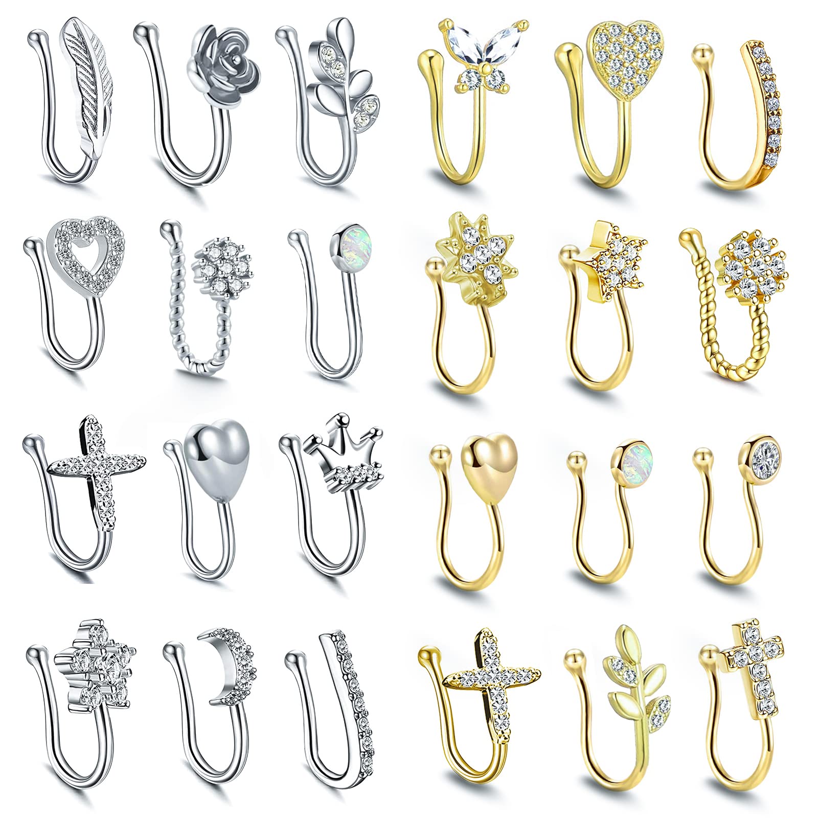 JDXN 24 PCS Fake Nose Rings Set Stainless Steel Inlaid CZ Faux Piercing Jewelry Spring Clip on Circle Hoop No Pierced Body Jewelry Set For Women Men (24 PCS degree silver+gold-plated)