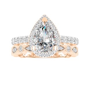 Dazzlingrock Collection 9x6mm Pear Cubic Zirconia & 0.80 Carat Round White Diamond Alternate Marquise Shaped Miligrain Engagement Ring Set for Women in 14K Solid Rose Gold Size 4.5