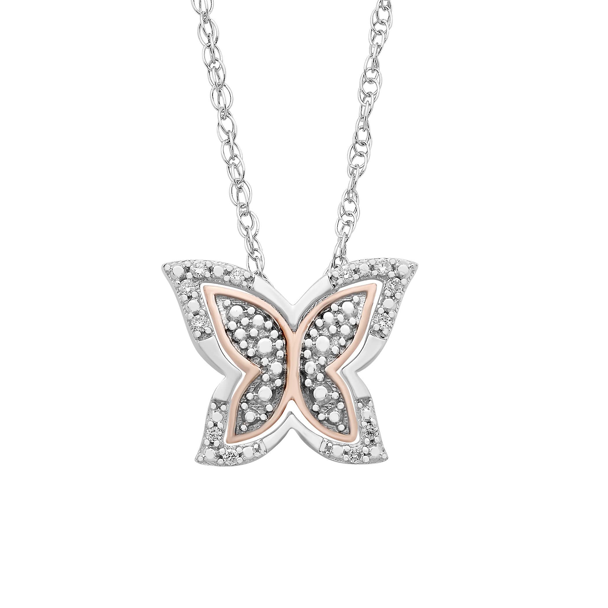 Boston Bay Diamonds 14K Rose Gold Plated & .925 Sterling Silver Diamond Accent Mother & Daughter, Best Friends or Sisters Interlocking Butterfly Necklaces (G-H, I2-I3) - 18" & 14"+2"