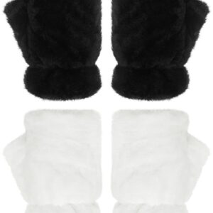 2 Pairs Winter Fingerless Gloves Faux Fur Fingerless Gloves Warm Furry Gloves Convertible Fingerless Gloves Half Finger Arm Warmer Gloves Soft Smooth Furry Gloves Rabbit Fur Mittens for Girls