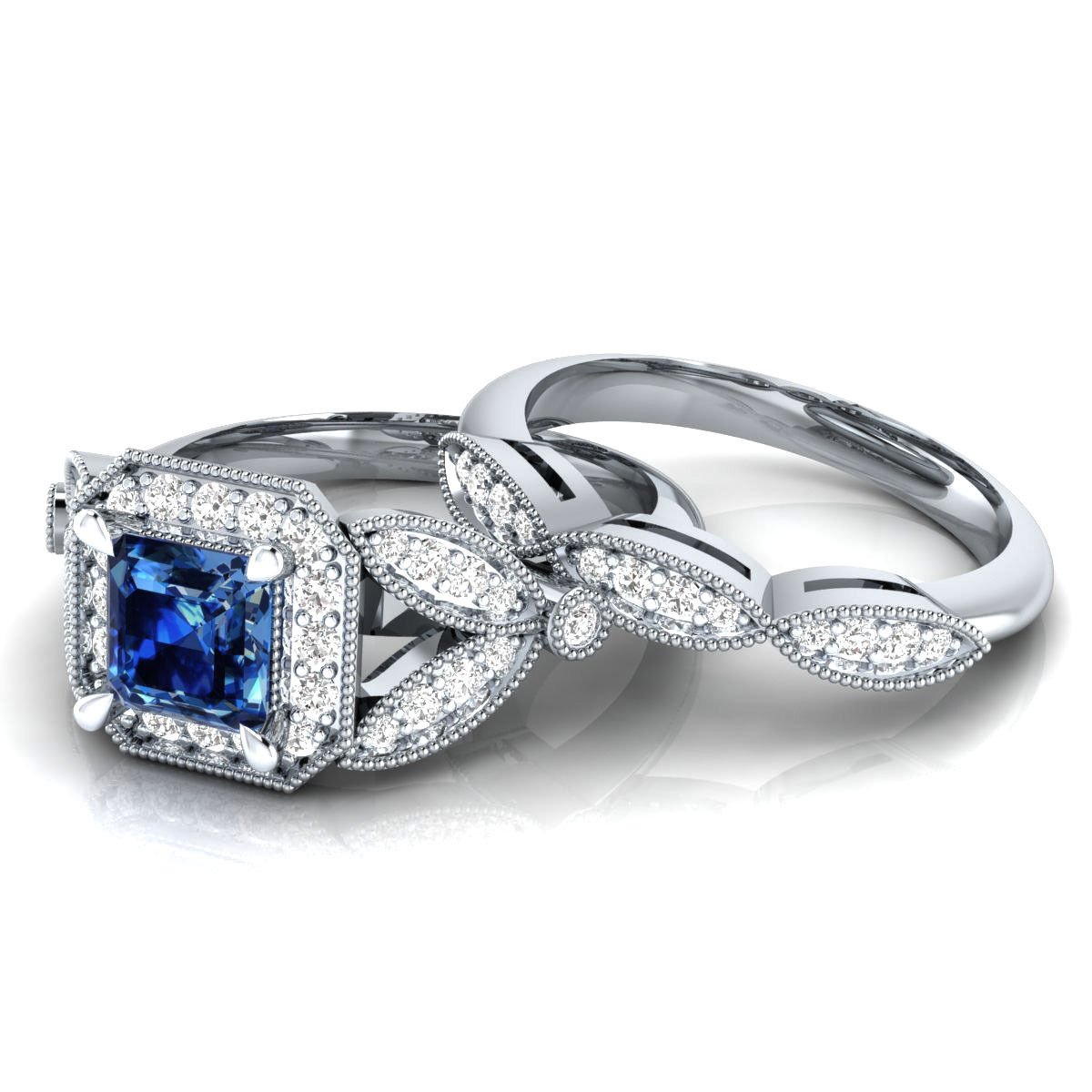 IDEALJEWEL95 1.35 ct Blue & White Sapphire Sterling Silver Bridal Ring Set Free Size For Women Engagement Ring/Wedding/Valentines