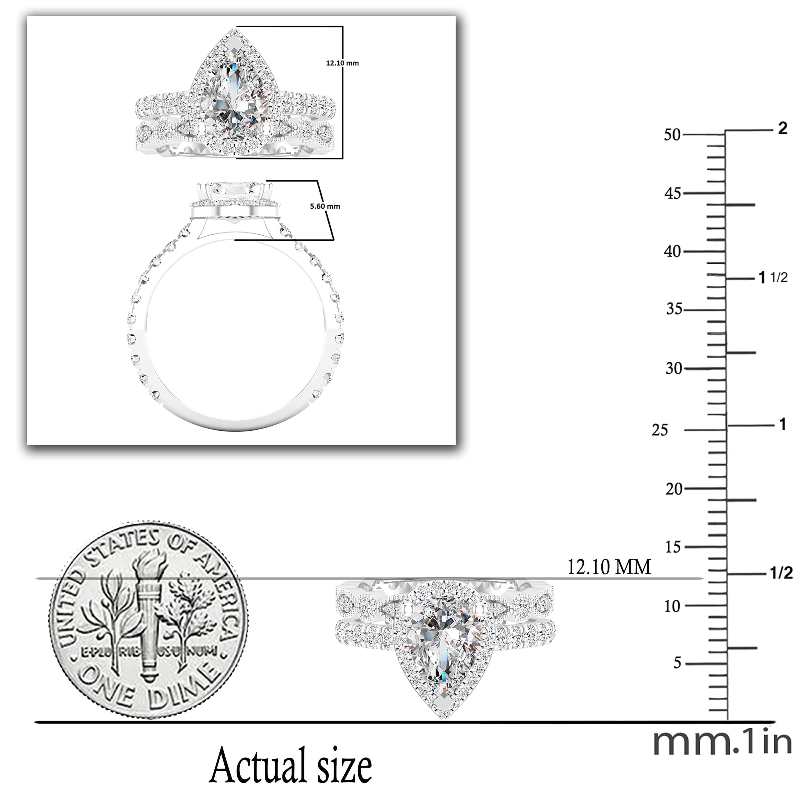 Dazzlingrock Collection 9x6mm Pear Cubic Zirconia & 0.80 Carat Round White Diamond Alternate Marquise Shaped Miligrain Engagement Ring Set for Women in 925 Sterling Silver Size 8