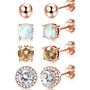 Dochais 4 Pairs Earrings for Women Cubic Zirconia Stud Earrings Set 18K Gold Plated Hypoallergenic 4 Prong CZ Round Opal Ball Stud Tragus Cartilage Ear Jewelry