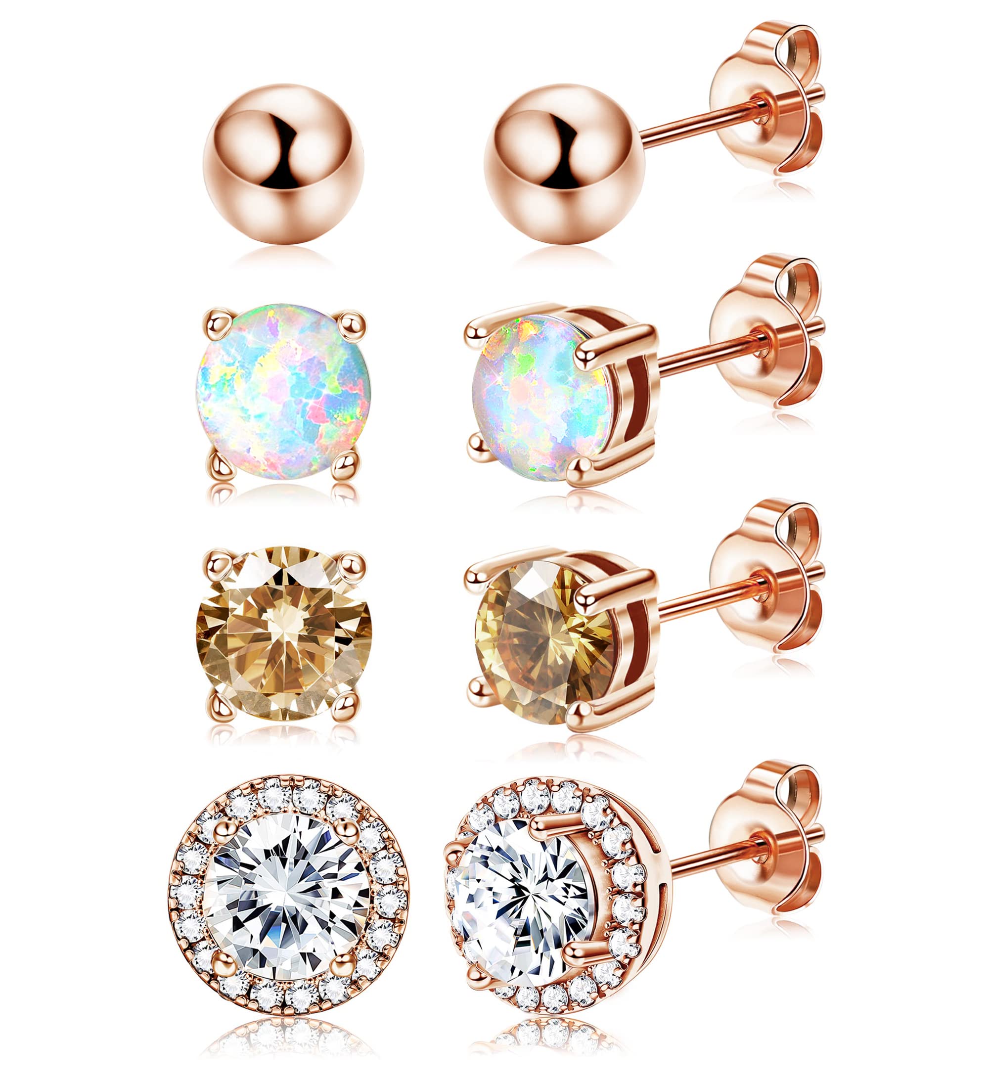 Dochais 4 Pairs Earrings for Women Cubic Zirconia Stud Earrings Set 18K Gold Plated Hypoallergenic 4 Prong CZ Round Opal Ball Stud Tragus Cartilage Ear Jewelry