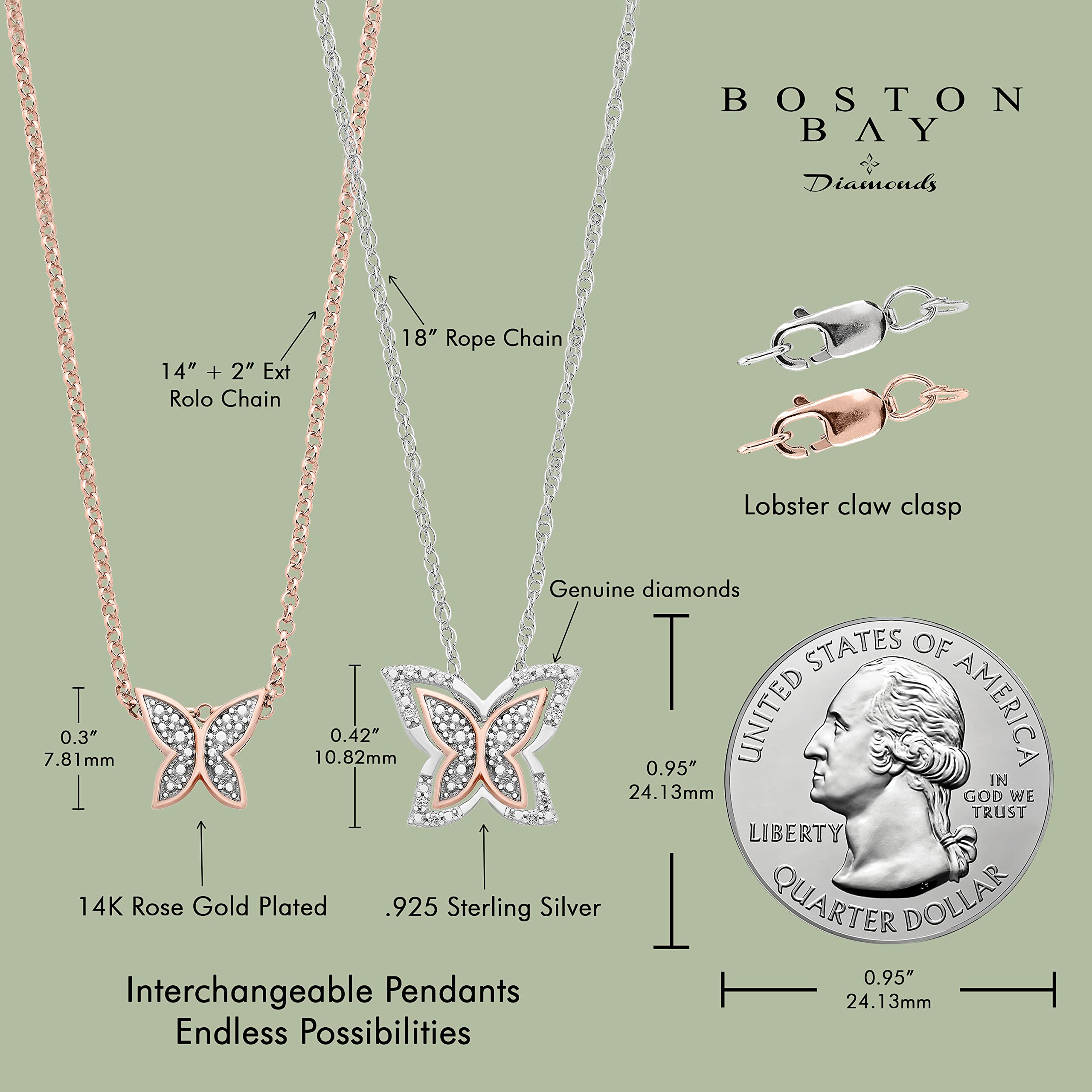 Boston Bay Diamonds 14K Rose Gold Plated & .925 Sterling Silver Diamond Accent Mother & Daughter, Best Friends or Sisters Interlocking Butterfly Necklaces (G-H, I2-I3) - 18" & 14"+2"