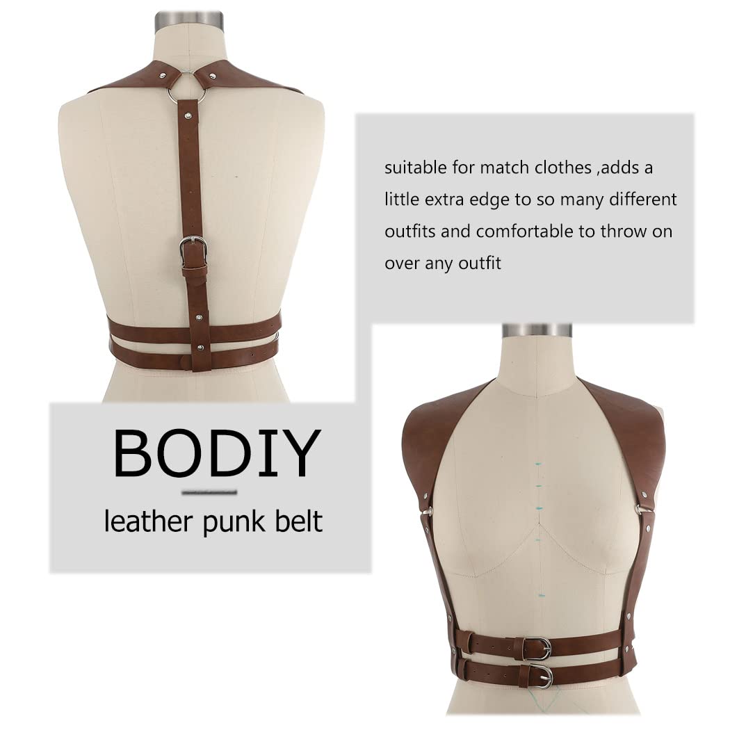 BODIY Punk Women Waist Belts Brown PU Leather Fashion Body Chain Belt Circle Rave Halloween Accessories Belt Adjustable Gothic