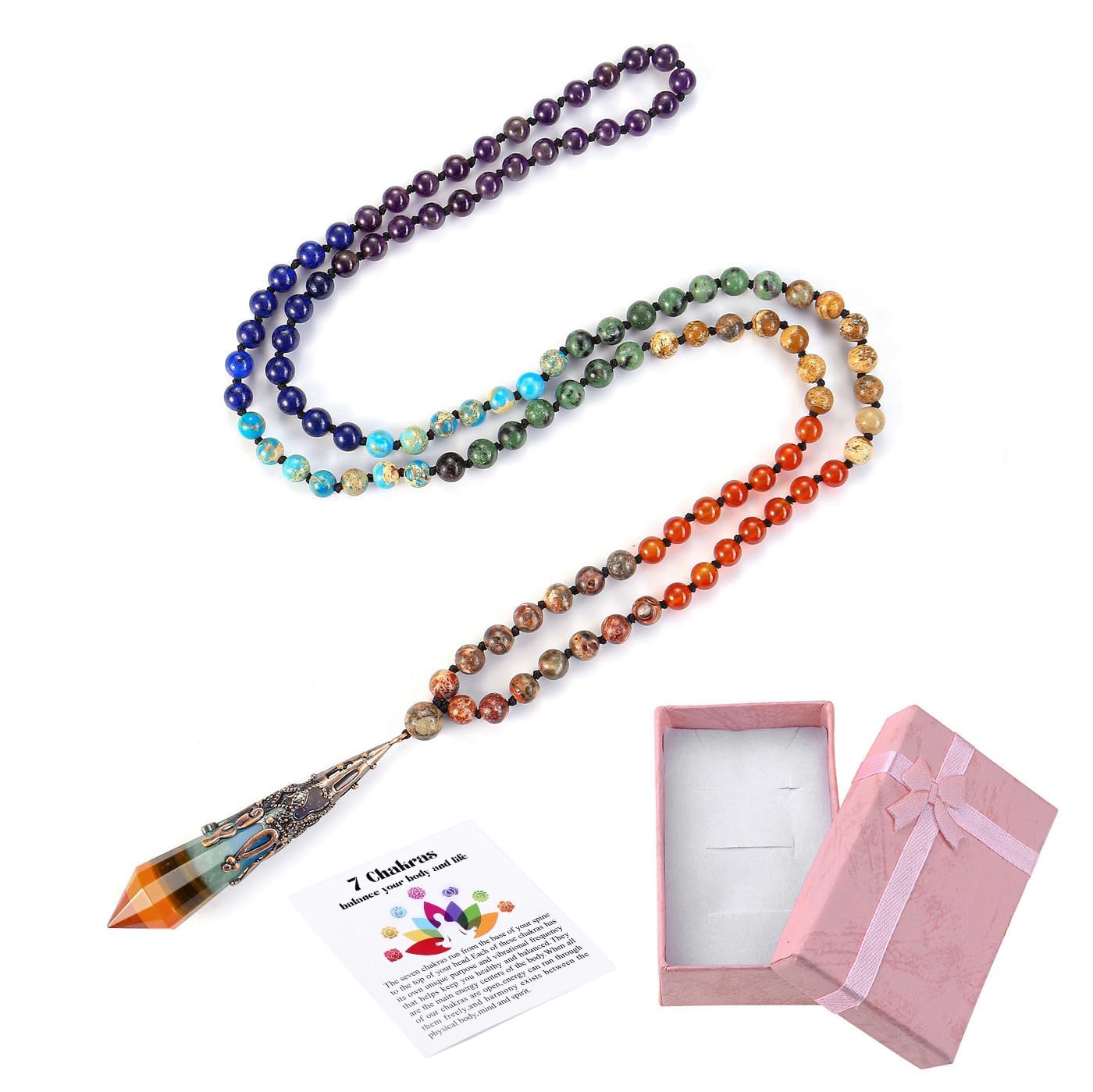 GEHECRST Natural 7 Chakra 108 Mala Prayer Beads Necklace with Reiki 12 Faceted Healing Crystal Pointed Pendant Multilayer 6mm Gemstones Beads Bracelet Mens Women Jewelry for Meditation, Protection