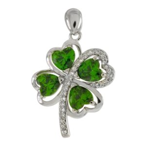 Heart Shape Simulated Emerald Cubic Zirconia Four Clover Leaves Pendant Sterling Silver