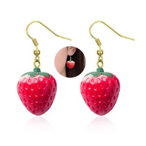 MALOYANVE 3D Strawberry Acrylic Earring for Women Cute Stereoscopic Red Strawberry Simulated Resin Fruit Dangle Earring, Country Style Ear Hook Jewelry (Stawberry)