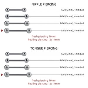 FINE4U 14G Nipple | Tongue Rings Piercing Jewelry Titanium - ASTM F136 Titanium Straight Barbell for Women & Men, Internally Threaded Hypoallergenic (14G × 16mm × 5mm)