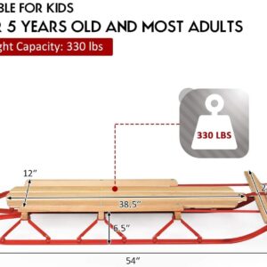 GLACER Wooden Sled, 54 Inches Snow Slider w/Metal Runners & Steering Bar, Sleigh Toboggan Pull Sled for Kids & Adults, Steel & Wood