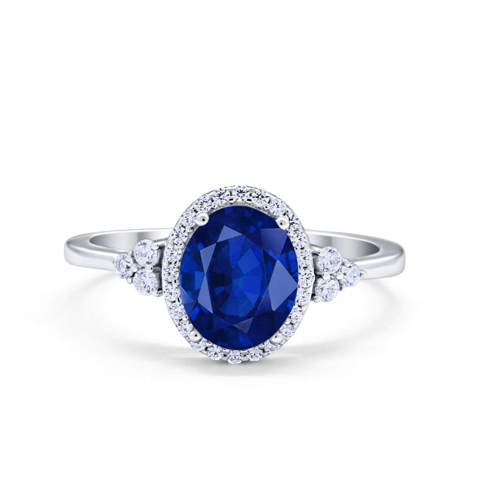 Simulated Blue Sapphire Cubic Zirconia Size-12 Halo Art Deco Oval Wedding Engagement Ring Round Simulated Cubic Zirconia 925 Sterling Silver