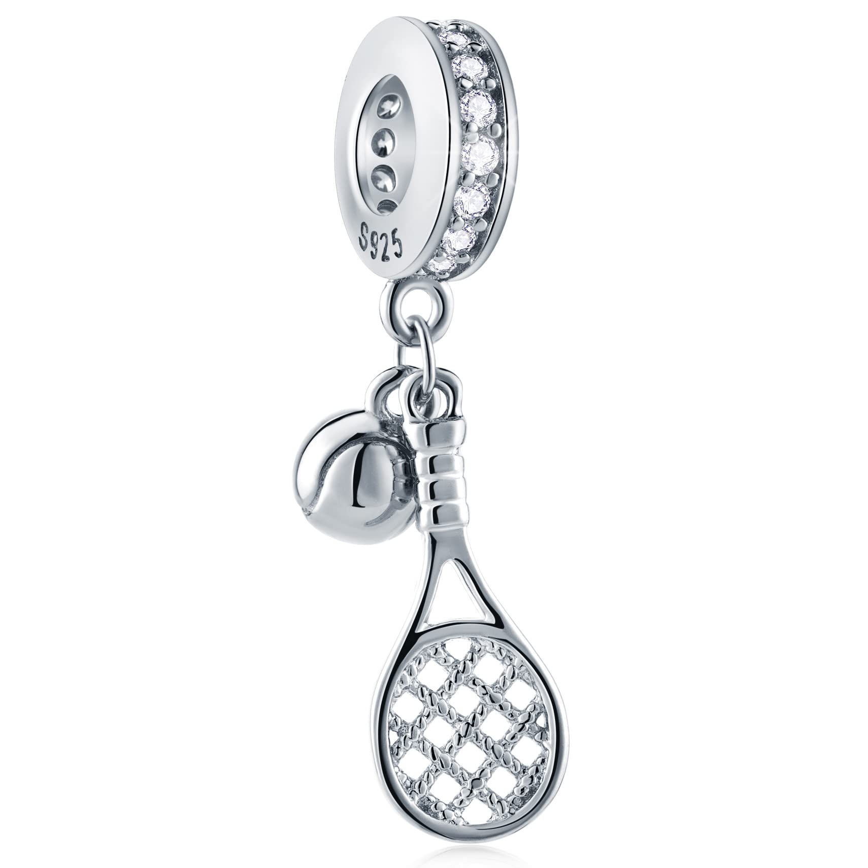 Tennis Ball and Racket Dangle Charms fits Pandora Sport Bracelet, 925 Sterling Silver Tennis Racquet Pendant Beads with CZ, Gift for Sister/Brother or Son/Daughter/Sport Lover