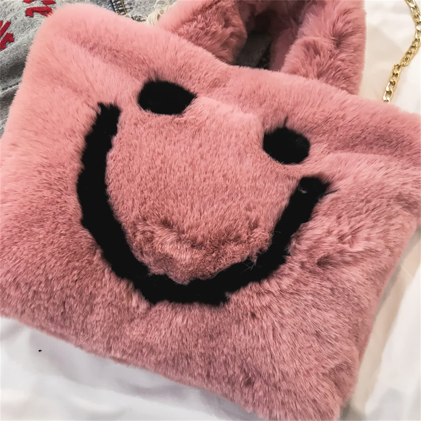 Sun stamen Ladies Plush Smiley Face Handbag Buckle Shoulder Bag, Cute Soft Lady Chain Bag, Party Little Girl Christmas Gift (pink)