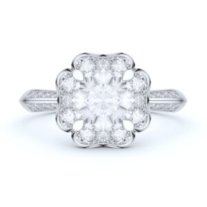 PRSTANI Real 14k White Gold Romantic Flower Like Clovers Halo 4-Prong Set 1.0 CT Simulated Diamond Engagement Ring (6.5)