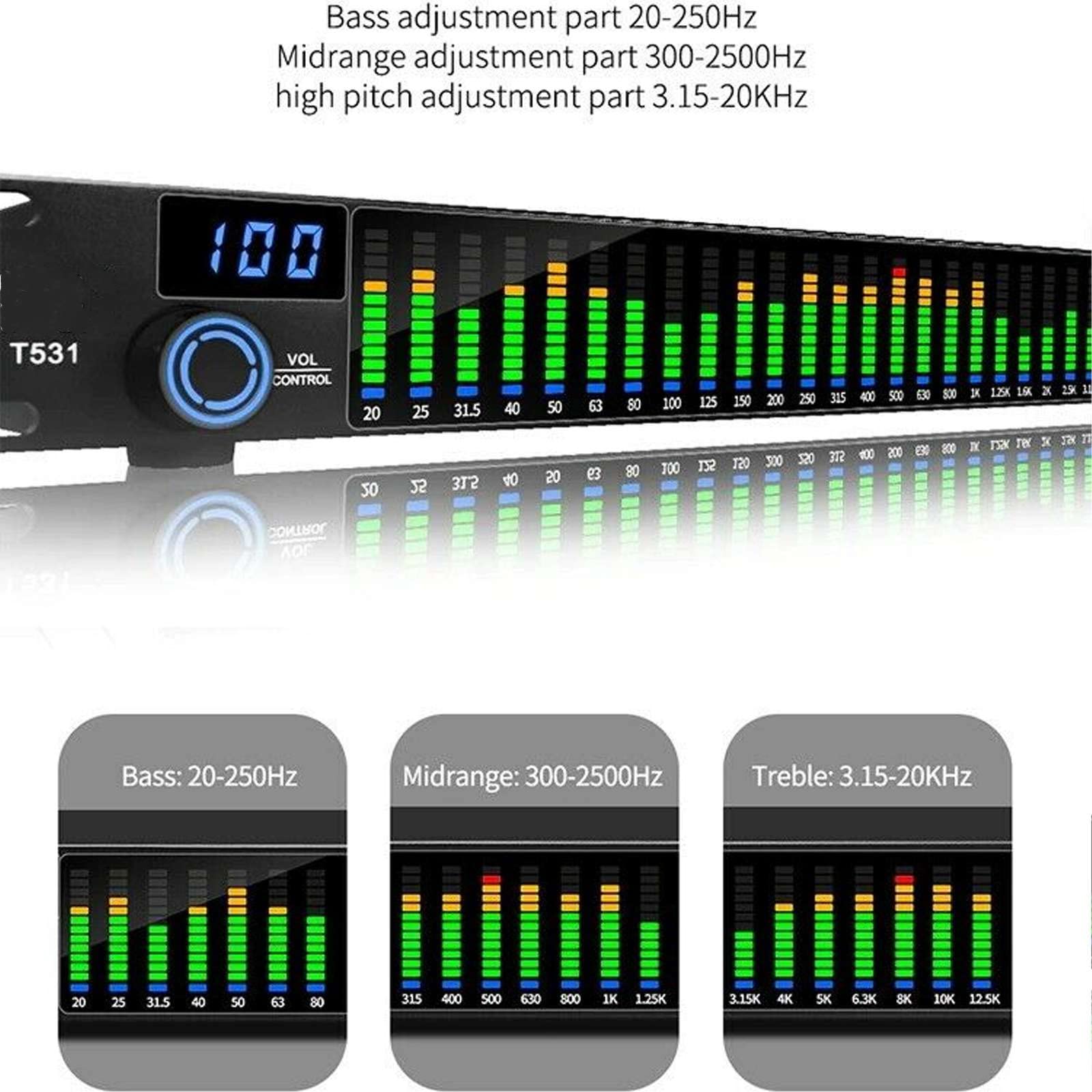 DDARKHORSE T531 110V Digital Equalizer EQ Noise Reduction，with Spectrum Display 31 Bands for KTV Stage Performance Board Stereo Level，LED Spectrum Indicator