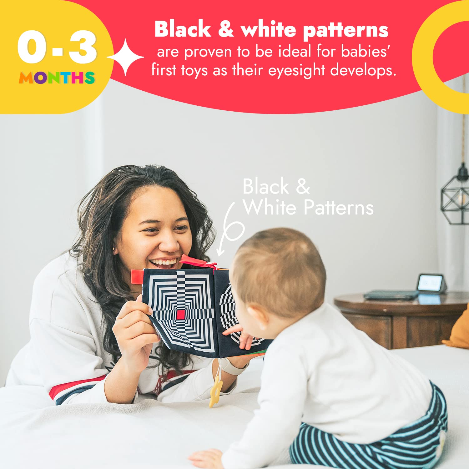 Papablic Luxury Baby Soft Book with Teether, High Contrast Black and White Crinkle Book for Early Education, Tummy Time Toys for Babies 0-12 Months with Baby Safe Mirror, Crinkle Pages and Squeaker