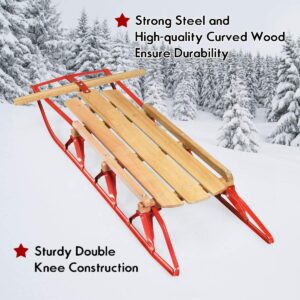 GLACER Wooden Sled, 54 Inches Snow Slider w/Metal Runners & Steering Bar, Sleigh Toboggan Pull Sled for Kids & Adults, Steel & Wood