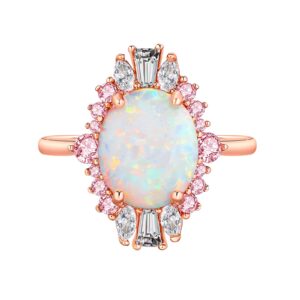 LAZLUVU White Opal Ring Oval Cut Created Opal Solitaire Engagement Wedding Rings with Cubic Zirconia Promise Ring Jewelry For Women