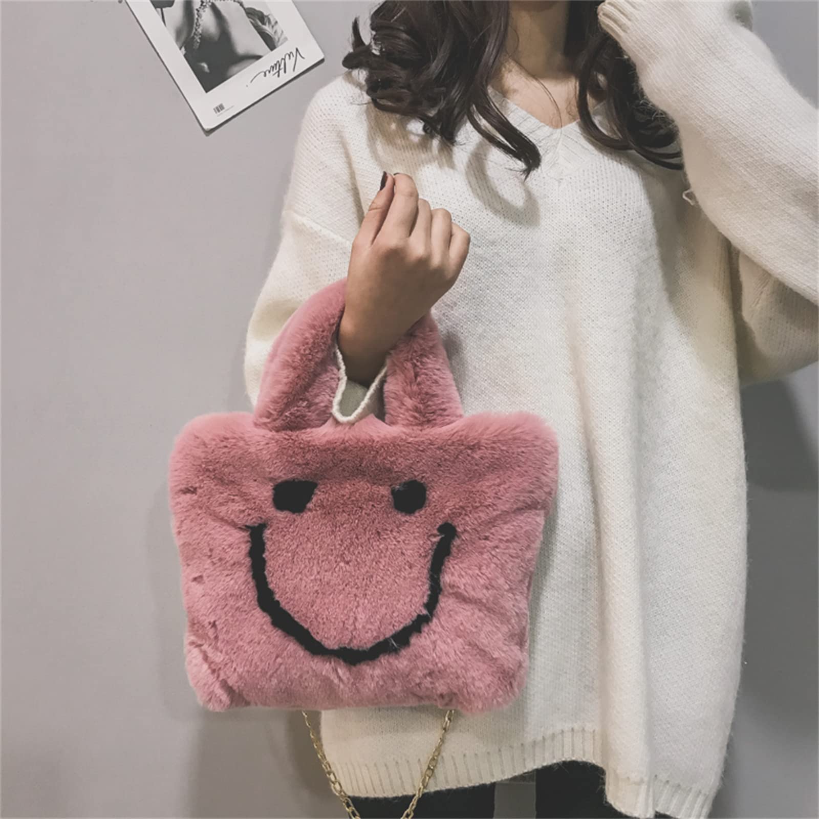 Sun stamen Ladies Plush Smiley Face Handbag Buckle Shoulder Bag, Cute Soft Lady Chain Bag, Party Little Girl Christmas Gift (pink)