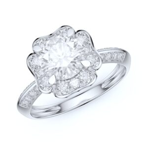 PRSTANI Real 14k White Gold Romantic Flower Like Clovers Halo 4-Prong Set 1.0 CT Simulated Diamond Engagement Ring (8.5)