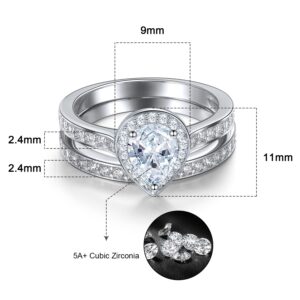 Gemsme Wedding Engagement Rings Set, 18K White Gold Plated Teardrop Cut Cubic Zirconia Halo Promise Ring for Women (8)