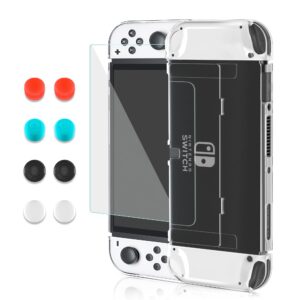 FANPL Improved Version Transparent Case for Nintendo Switch OLED Model 2021, Protective Case Cover Compatible with Switch OLED, Clear Crystal Flip Shell with 1 Screen Protector 8 Thumb Grip Caps