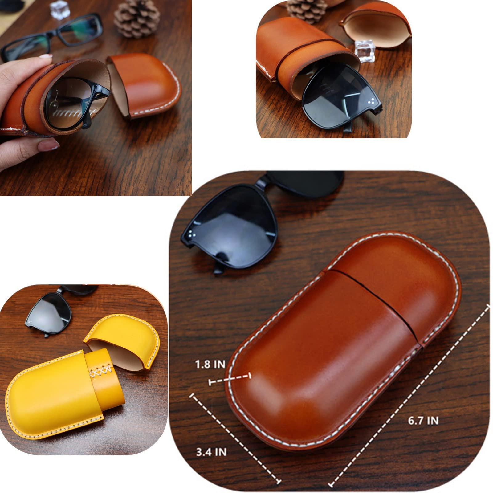 Fanyixuan Leather Glasses Case Cowhide Vintage Men And Women Nearsighted Glasses Sunglasses Travel Anti-Crush Storage Box (Yellow)