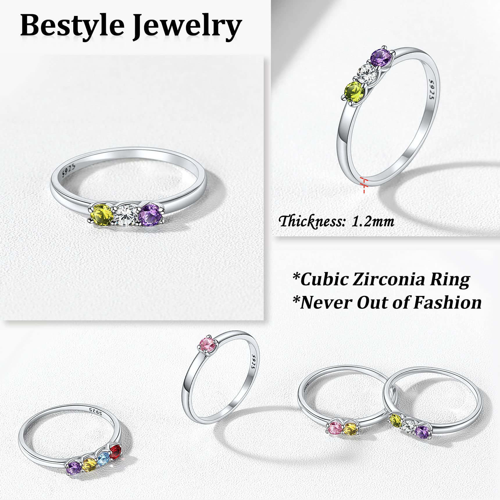 Bestyle Custom Birthstone Rings for 3, Dainty Sterling Silver Stacking Band Ring for Women, Great Statment Promise Ring on Thanksgiving/Christmas/Valentines'/Mother's Day