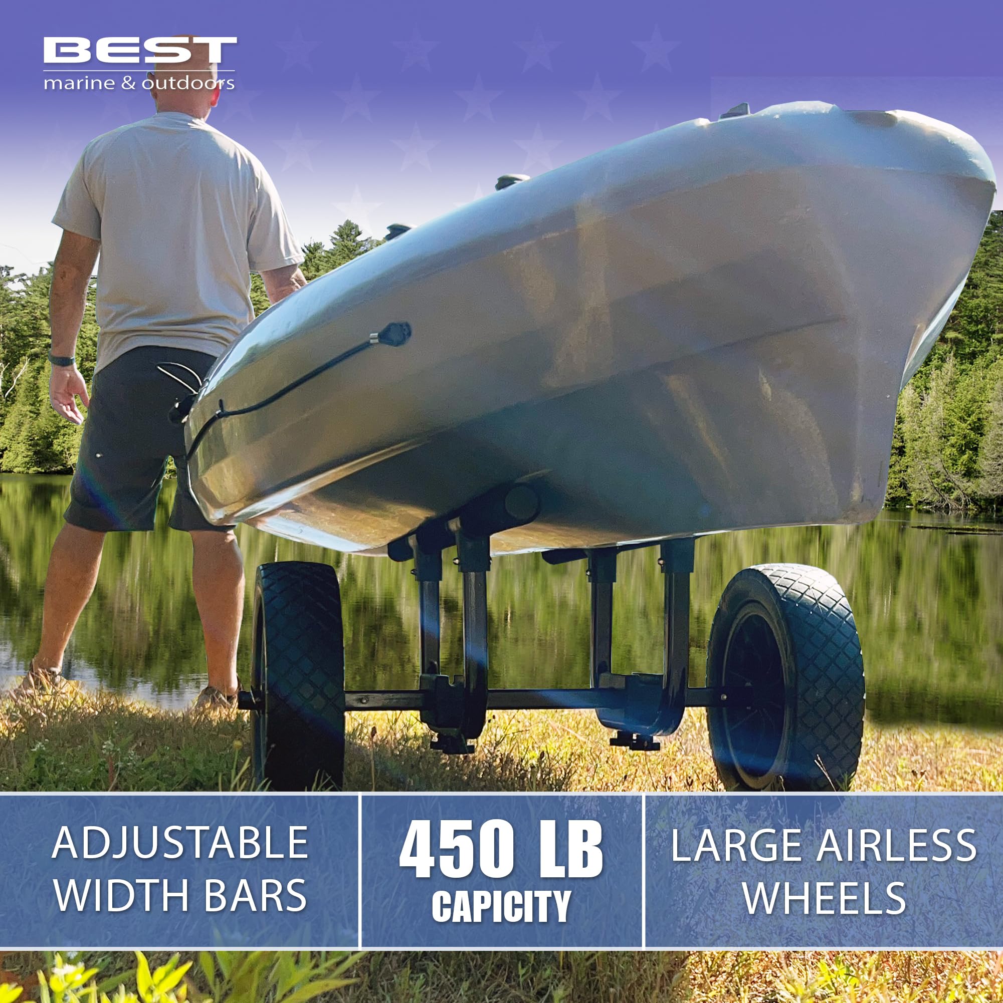 Best Marine and Outdoors Kayak Cart, Heavy Duty Dolly, 450lb Weight Capacity, Flat Free Airless Wheels, Adjustable Width Trolley Carrier, Canoe & Kayak Trailer Accessories