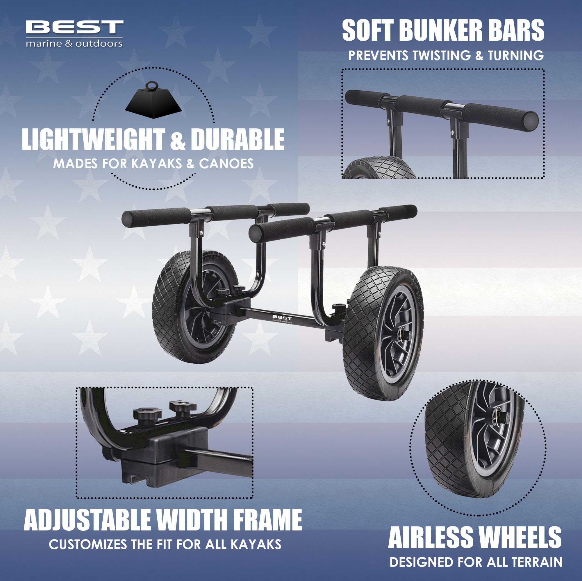 Best Marine and Outdoors Kayak Cart, Heavy Duty Dolly, 450lb Weight Capacity, Flat Free Airless Wheels, Adjustable Width Trolley Carrier, Canoe & Kayak Trailer Accessories