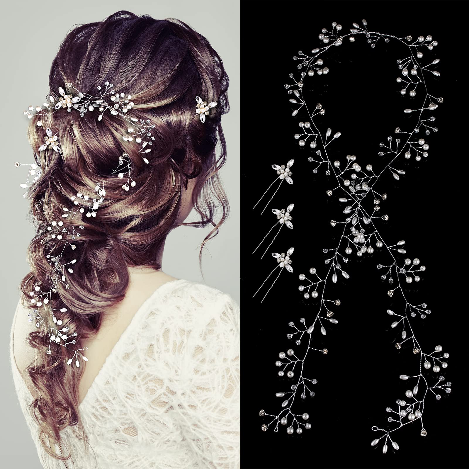 Nljihkure Bride Wedding Crystal Hair Vine Hair Accessories Extra Long Pearl and Beads Bridal Hair Vine Headband Head Pieces for Women and Girls (Silver)