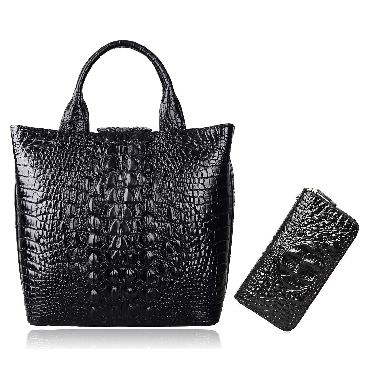 PIJUSHI Designer Genuine Leather Top Handle Satchel Handbags Bundle with Crocodile Leather Wristlet Wallet