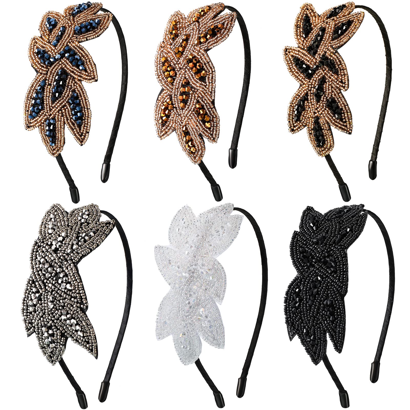 Jutom 6 Pieces Flapper Headband Floral Leaf Flapper Headpiece Rhinestone 1920s Headband Vintage Headpiece for Women Crystal Beaded Hairband Hair Accessory for Costume Party, 6 Styles