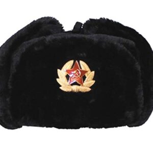 Loxdonz Ushanka Russian Military Hat with Ear Flaps and Soviet Badge, Trapper Ski Hat for Winter (One Size, Black)