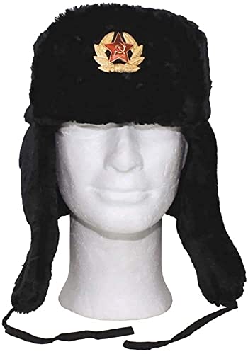 Loxdonz Ushanka Russian Military Hat with Ear Flaps and Soviet Badge, Trapper Ski Hat for Winter (One Size, Black)