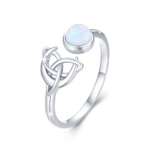 TUGHRA White Opal Ring Birthstone Statement Rings Celtic Knot Moon Ring 925 Sterling Silver Crescent Moon Ring Open Adjustable Rings Jewelry Gift for Women Teen Wife Birthday Present Jewelry