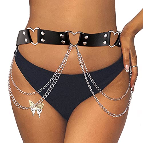 Cosydays Punk Leather Waist Chain Belt Black Harness Body Chain Heart Belly Chains Party Rave Outfits Body Chain Jewelry for Women and Girls