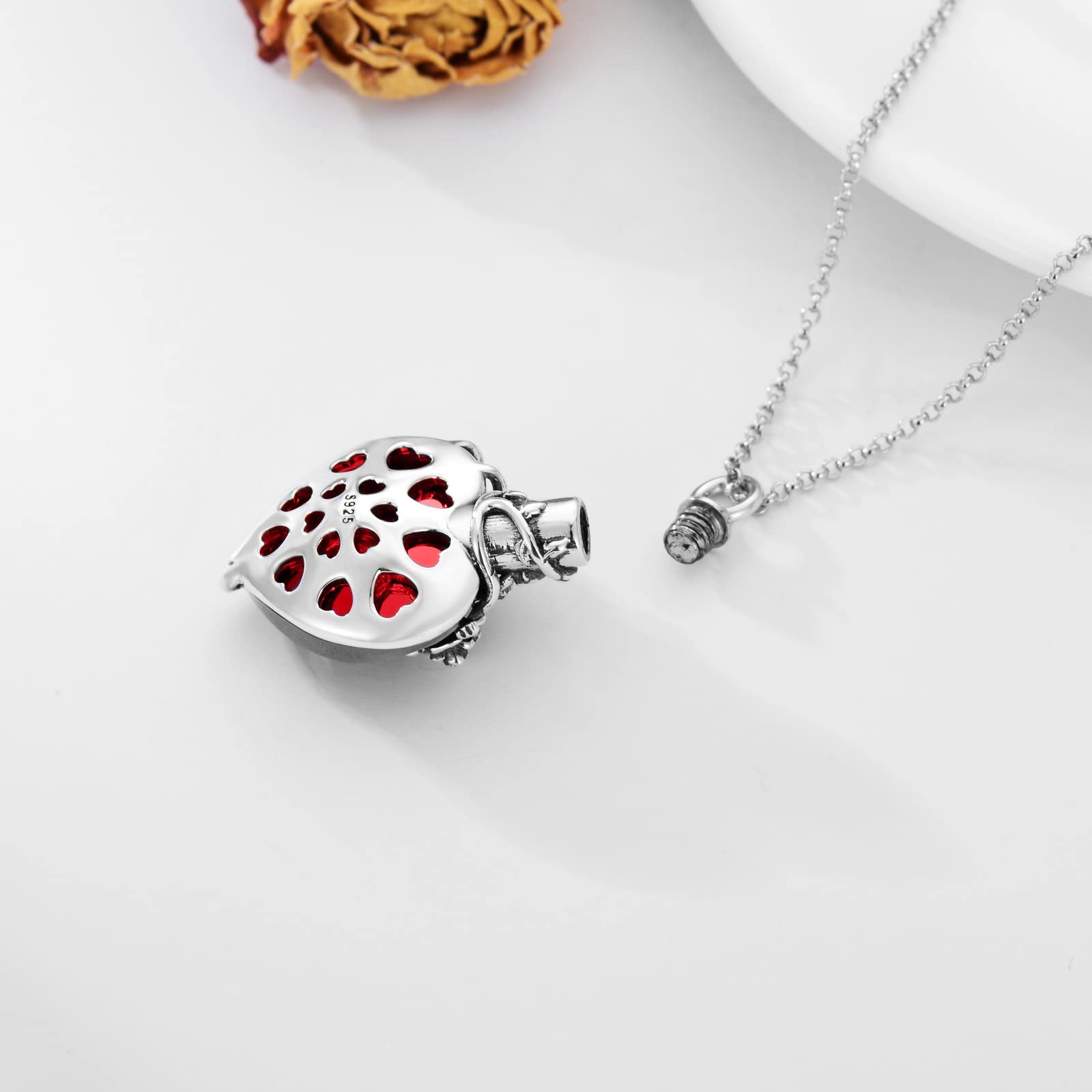 PELOVNY Rose Flower Cremation Necklace For Ashes, Red Crystal Urn Necklace For Ashes For Women Memorial Jewelry