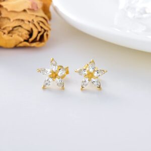 14K Real Solid Gold Crystal Flower Stud Earrings for Women Gifts for Her Screw Back Floral Sutd Earrings 8.5mm