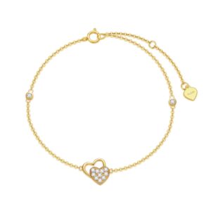 sisgem 14k real gold hearts beaded bracelets for women,yellow gold love bracelet three hearts jewerly gifts for birthday christmas 6.5+2 inch